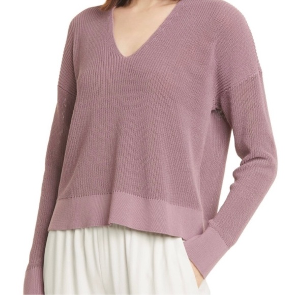 Eileen Fisher V-Neck Sweater In Mauve organic minimalist classic open weave - Picture 1 of 12